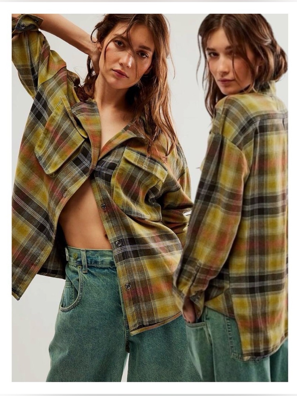 We The Free Izzie Cargo Shirt in Plaid Olive & Rust